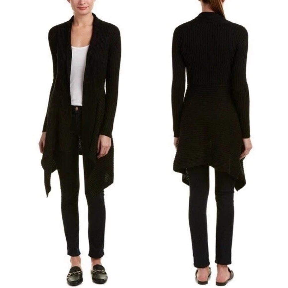 Cabi Ribbed Black Open Front Waterfall Long Cardigan Sweater